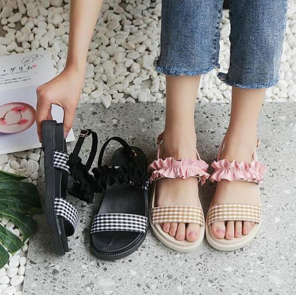 

summer sandals female wind flat student beach large size holiday shoes, Black