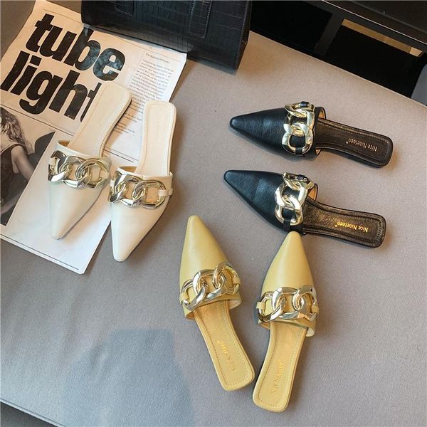 

metal chain women slippers pointed toe fashion flats summer beach shoes black/white/yellow casual slides pumps size 35-39