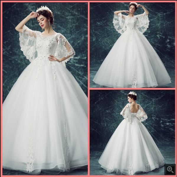 

robe de mariage white tulle ball gown wedding dresses lace appliques beaded crystals with cape elegant bride dress princess puffy corset bri
