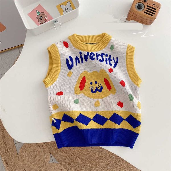 1-7y Children's Knitted Sweater Colete para meninos meninas Autumn Roupas 2021 New Baby Kids Moda Quente Desenhos Animados Imprimir Tops Waistcoat Y1024
