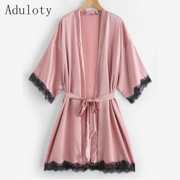 

satin elegant bridesmaid nightdress eyelash lace bathrobe loose comfortable soft nightgown long sleeve kimono leisure wear, Black;white