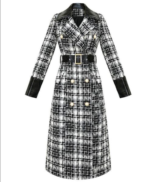 

women's wool & blends autumn winter vintage small fragrance tweed woolen coat women plaid pu patchwork double breasted slim, Black