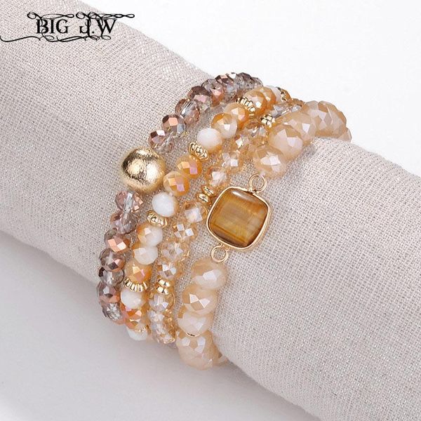 

charm bracelets big j.w 4 pcs/set five-tone fashion women gender square natural stone handmade crystal stretchable stacked beaded, Golden;silver
