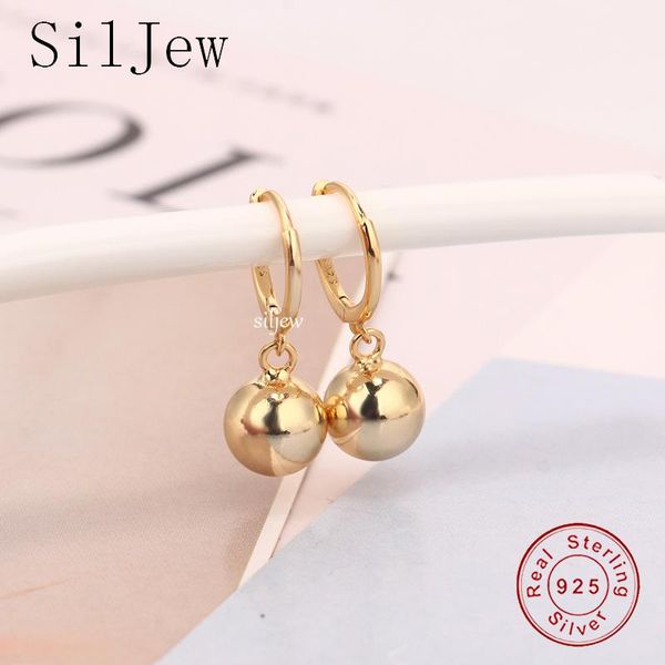 

hoop & huggie siljew 100% 925 sterling silver elegant glossy round sphere pendant earring for women charms styles jewelry gift oorbellen, Golden;silver