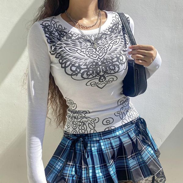 

women's t-shirt harajuku women autumn floral print round neck long sleeve knitted slim pullover tee y2k fashion streetwear, White