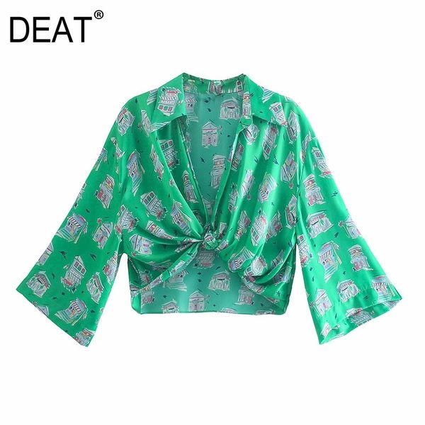 

[deat] summer fashion green turn-down collar long sleeve printing loose temperament elegant shirt women 13q578 210527, White