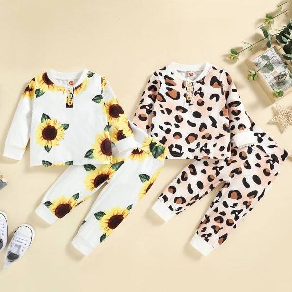 

clothing sets 0-3y lovely baby girls clothes 2pcs leopard/sunflowers printed long sleeve pullover pants, White