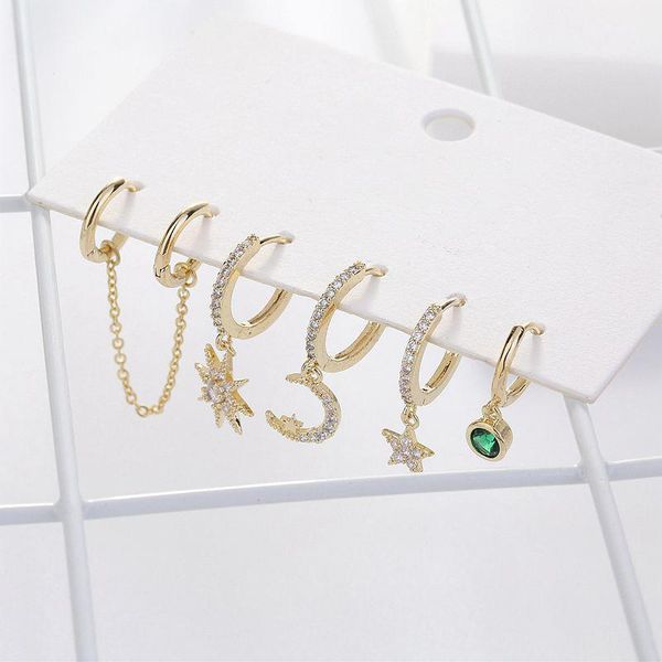 

hoop & huggie 5-piece earrings sets mosaic cubic zircon earring moon star double ear hole for women jewelry gold color, Golden;silver