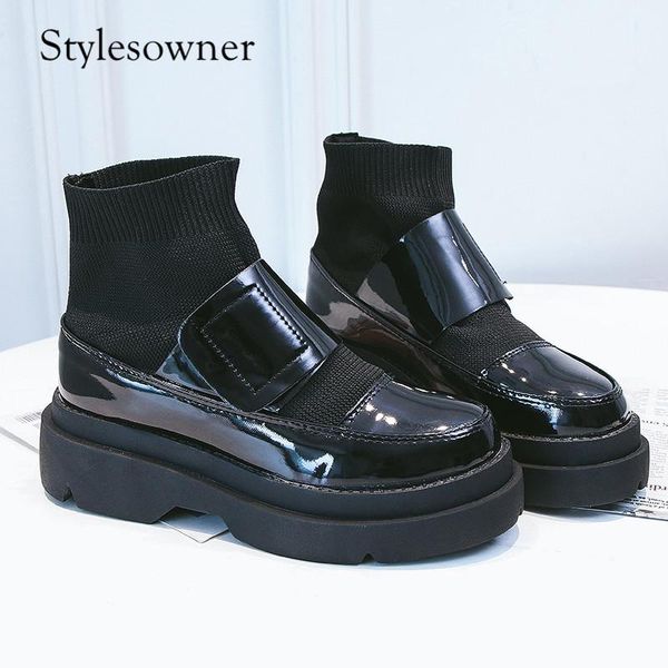 

boots stylesowner selling black platform woman knitting patent leather thick bottom flat with plush female slip-on