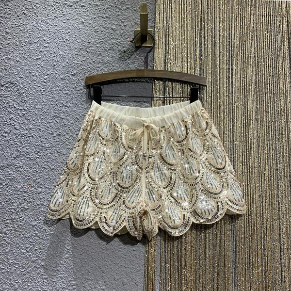 

women's shorts 2021 heavy sequins casual for women summer short girls elastic waist lace-up loose lace woman wide leg, White;black
