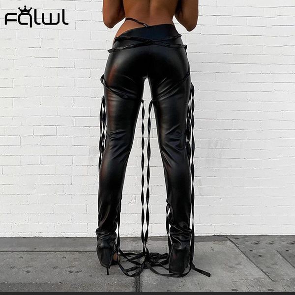 

fqlwl faux pu leather high waist bodycon stacked pants women ladies trousers lace up bandage fall female, Black;white