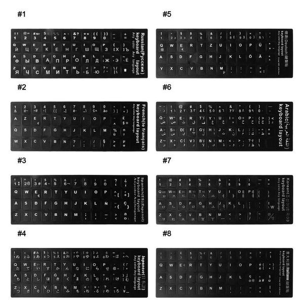 

durable russian/french/spanish/japanese/german/arabic/korean/italian keyboard sticker black background with white lettering covers
