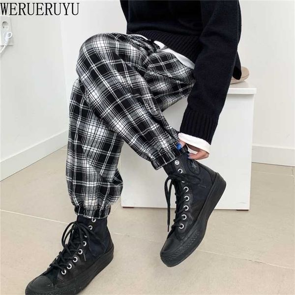 Plaid Hose Casual Frauen Herbst Hosen Kleidung Lose Kordelzug Kleidung Mode Schwarz Weiß Check Harem 211124