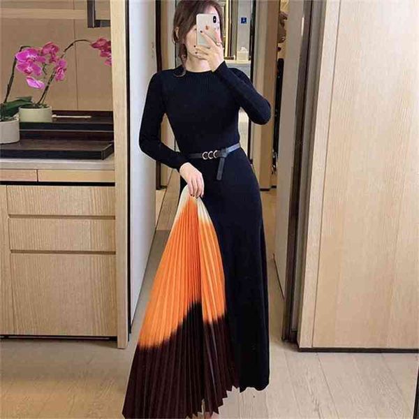 

autumn office gradient bold color pleated sweater dress women elegant knitted dresses winter a line party vestidos 210603, Black;gray
