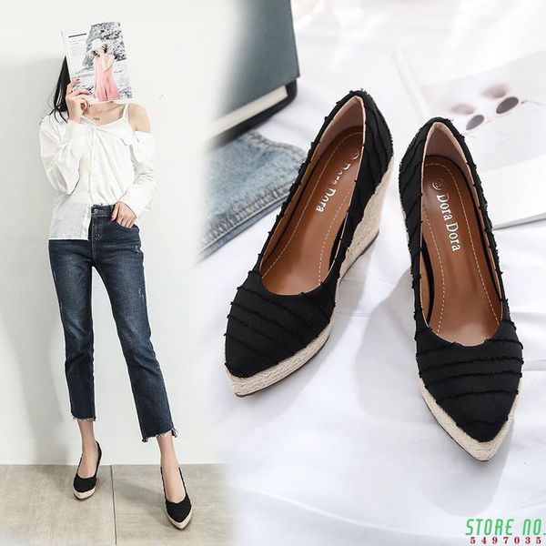 

sandals women's wedge 2021 spring autumn shallow mouth high thick-heeled platform shoes straw woven, Black