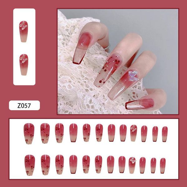 

false nails 24pcs cherry butterfly print nail patch glue type removable long paragraph fashion manicure fake aug889, Red;gold