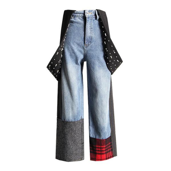 

women's jeans 2021 women denim pants high waist womens beading spliced straps nine points wide leg beads autumn, Blue