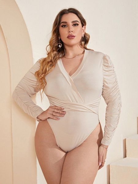 

plus ruched sleeve crossover front bodysuit b7c4#, Black