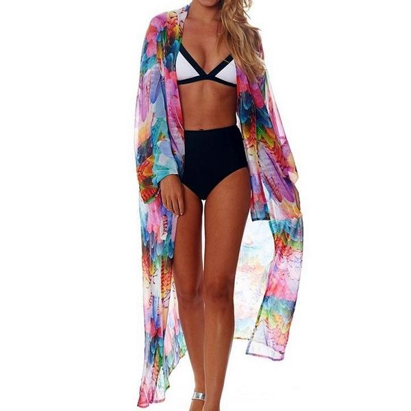 

women's swimwear 2021 summer ladies color feather print chiffon vacation long cardigan beach sunscreen bikini comfortable holiday house, White;black