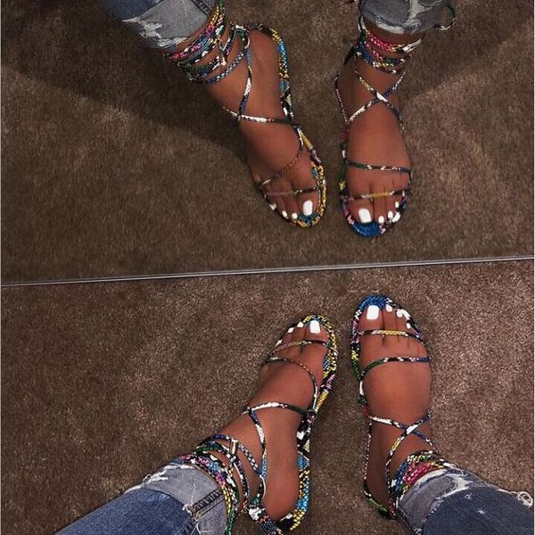 

sandals send 2021 fashion women slippers summer snake cross bandage flat bottom ladies, Black