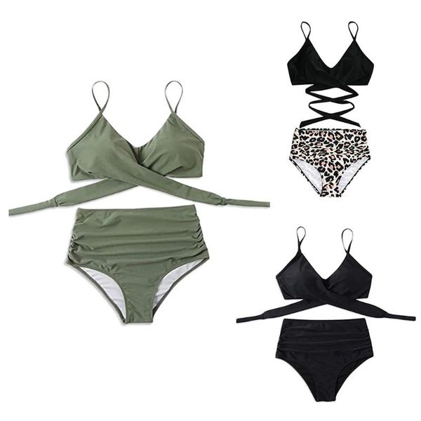 

one-piece suits 77je women 2 piece solid color bikini set criss cross lace-up padded bra swimsuit ruched high waist thong bathing suit