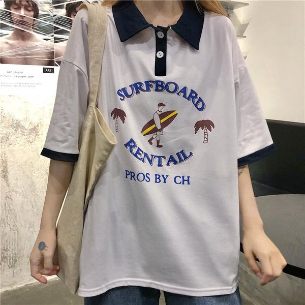 

women's t-shirt korean summer ins lapel shirt loose bf short-sleeved half-sleeved female harajuku student women clothing, White
