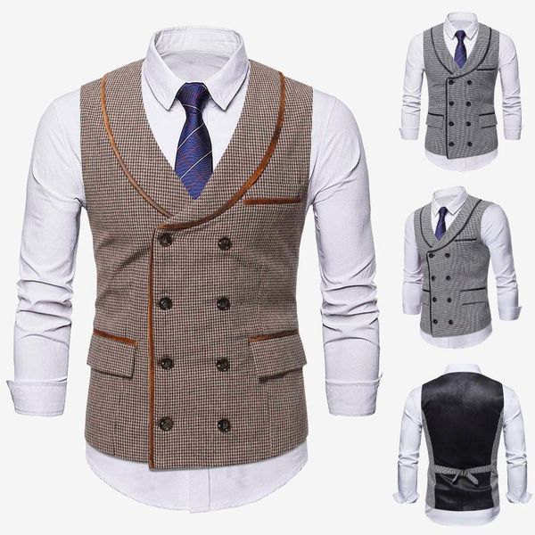 

men's vests mens houndstooth double-breasted green fruit collar vest casual swallow gird double breasted pocket shawl suit, Black;white