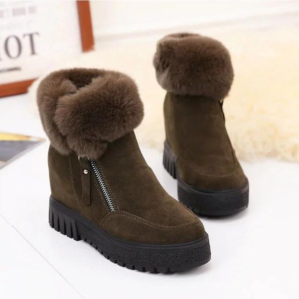 

boots women winter outdoor keep warm fur waterproof women's snow thick heel with round head high heels, Black