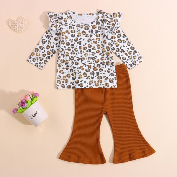 

clothing sets 6m-4t 2pcs baby boys girls ruffles leopard print long sleeve t-shirt +flare pants loose wide leg trousers, White