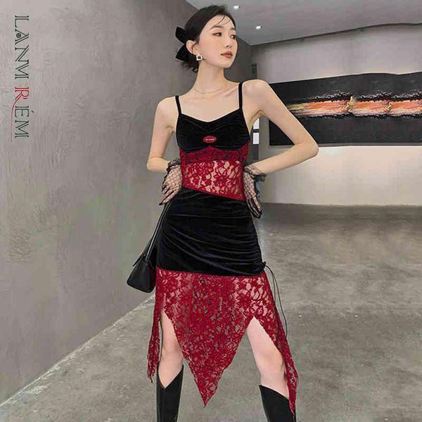 

velvet stitching lace irregular suspender dress women's slim spring autumn es ladies party 2d1299 210507, Black;gray