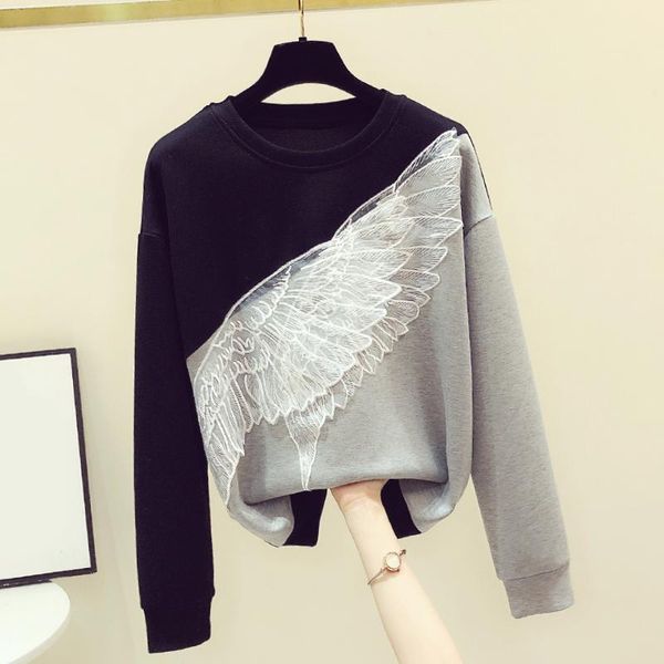

wing embroidery women sweatshirts winter o-neck long-sleeved patchwork female pulls outwear women's hoodies &, Black