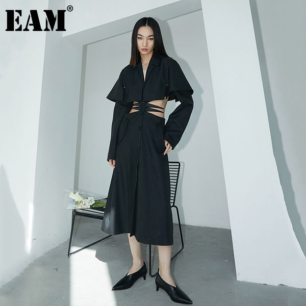 

[eam] women vintage hollow out pearl long trench notched long sleeve loose windbreaker fashion spring autumn 1dd4766 21512, Tan;black