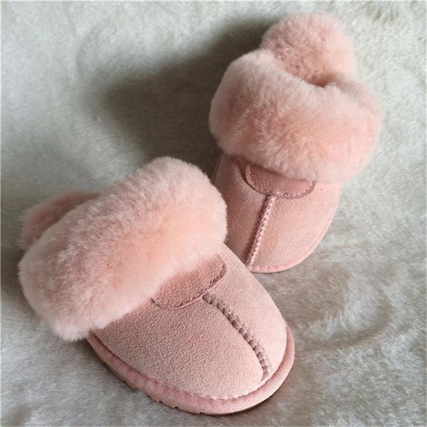 

boys girls 2021 natural sheepskin fur slippers child winter childern warm indoor soft wool home, Black