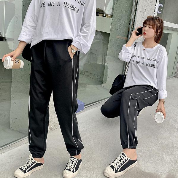 

women's pants & capris large size fluorescent strip sports autumn fat sister contrast color show thin w298, Black;white