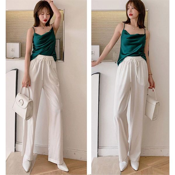 

women's pants & capris high waist wide pijpen broek vrouwen leg oversized silk satin vintage casual loose trousers vrouwelijke, Black;white