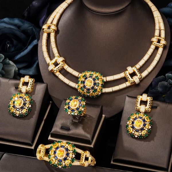

earrings & necklace godki famous 4pcs nigerian jewelry set for women wedding cubic zircon dubai bridal earring bangle ring, Silver