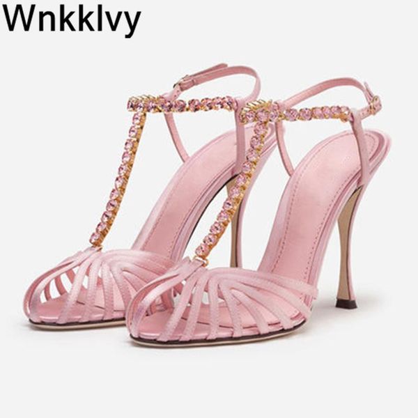 

sandals t-show summer prom shoes women slik stain cut outs peep toe high heels shiny crystal ankle strap party sandalias, Black