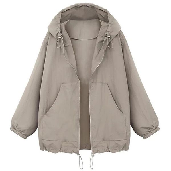 

plus size outerwear & coats women's autumn hooded jacket 4xl zipper solid color casual drawstring with pocket green coat outdoor, Black