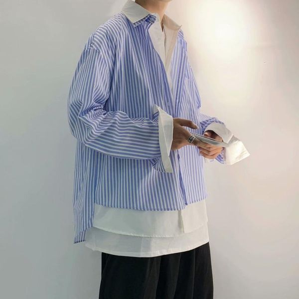 

autumn korean striped shirt men's fashion business casual shirts mens streetwear loose fake two long sleeve men -2xl, White;black