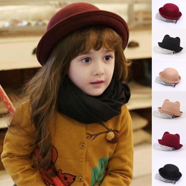 

caps & hats vintage panama hat with ears baby girl autumn winter kids bucket solid color children fedora accessories 3-10y, Yellow