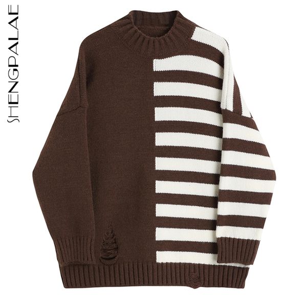 

irregular stripe sweater women's autumn winter simple roound neck pullover hole loose knitted female 5a1005 210427, White;black