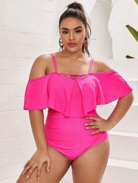 

plus ruffle hem ruched one piece swimsuit 439q#, Black