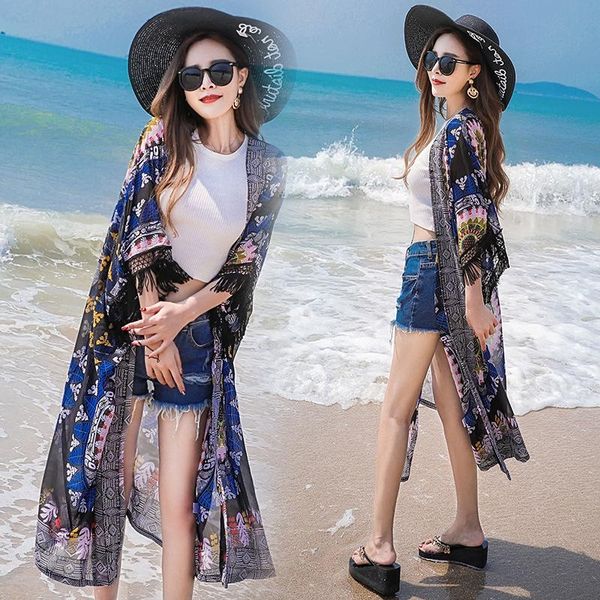 

women's blouses & shirts cheshanf fashion women tropical floral print long kimono cardigan with belt sleeve side slit summer blouse blu, White