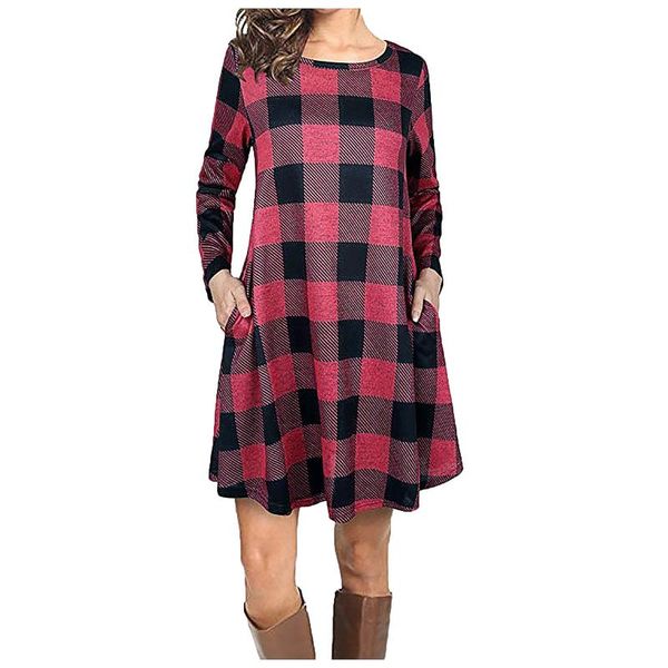 

plaid color block dresses for women with pocket long sleeve o-neck loose fit tunic dress vestido de mulher plus size casual, Black;gray