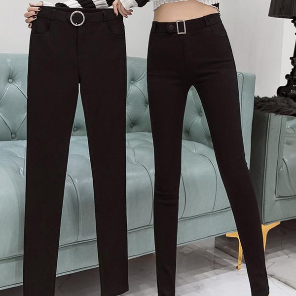 

autumn women high waist buckle straight pants lady bodycon pencil slacks female stretch cropped thin leggings trousers women's jeans, Blue