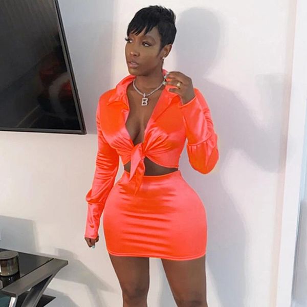 

two piece dress women set solid color skirt long sleeves mini suit pink white orange matching outfit clubwear