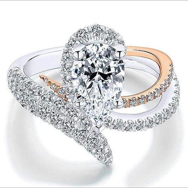 

cluster rings fashion two-tone color zircon for women inlaid water drop pear shaped crystal wedding ring engagement jewelry, Golden;silver