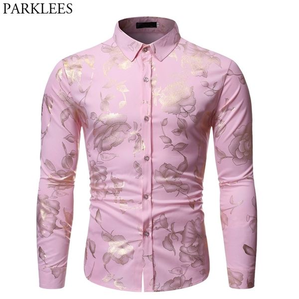 Camicia rosa con stampa oro rosa Camicia da uomo elegante slim fit manica lunga Abito da uomo Party Wedding Club Social Chemise Homme 210721