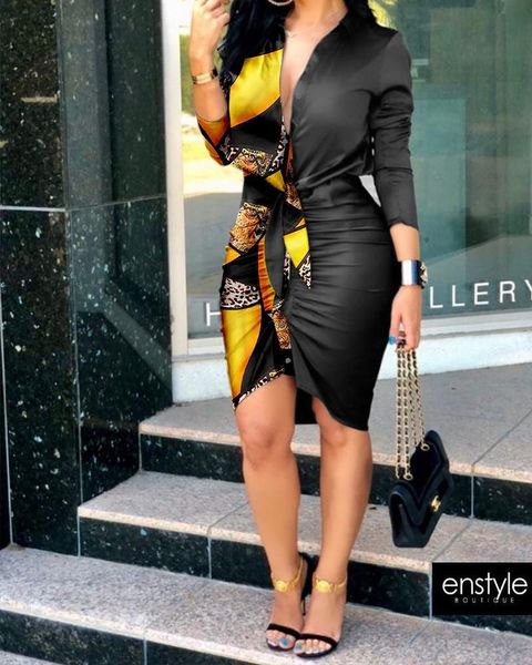 

casual dresses autumn fashion style printed pleated hip dress v-neck mid-length ladies shirt, Black;gray