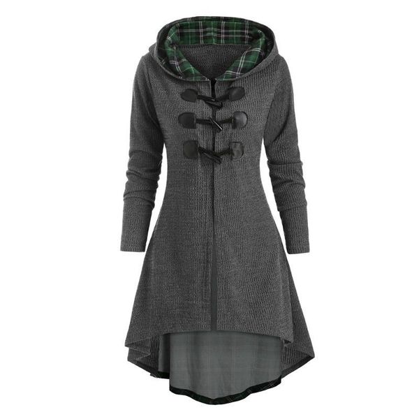 

women's knits & tees autumn winter women plaid hooded sweater dress fashion horn button lace up dip female cardigans casual high low kn, White